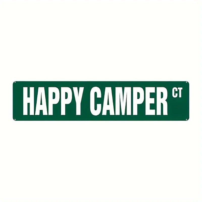 A rectangular green sign with white text that reads HAPPY CAMPER CT