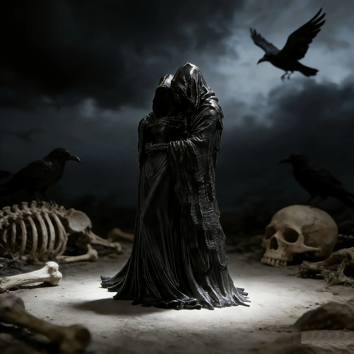 A dark, draped figure resembling a Grim Reaper is embracing another shadowy figure amidst skeletal remains.