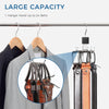 A hanger with multiple rotating claws is shown hanging on a coat, demonstrating large capacity for closet organization.