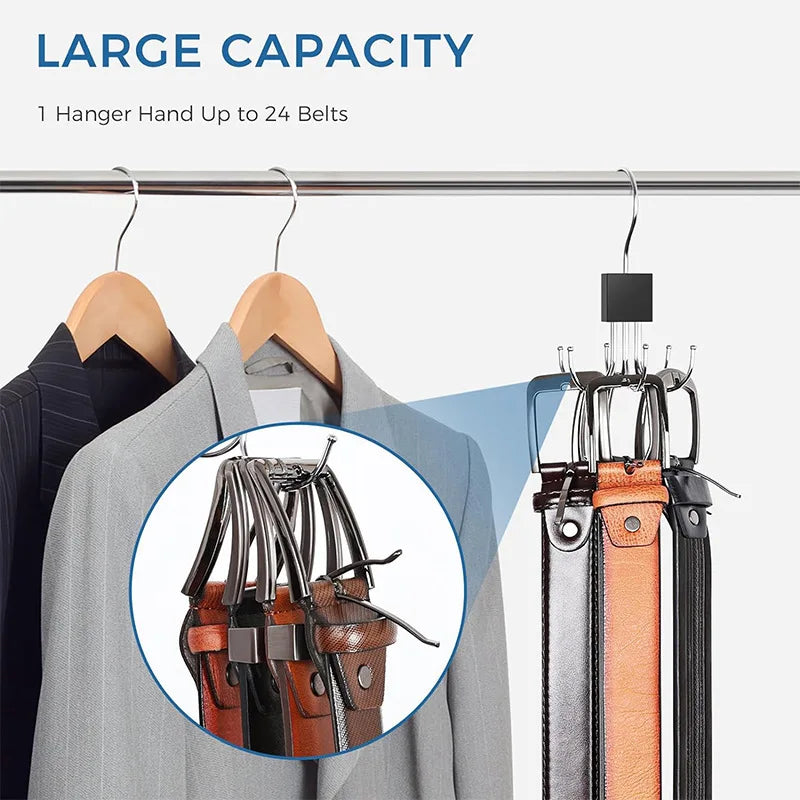 A hanger with multiple rotating claws is shown hanging on a coat, demonstrating large capacity for closet organization.