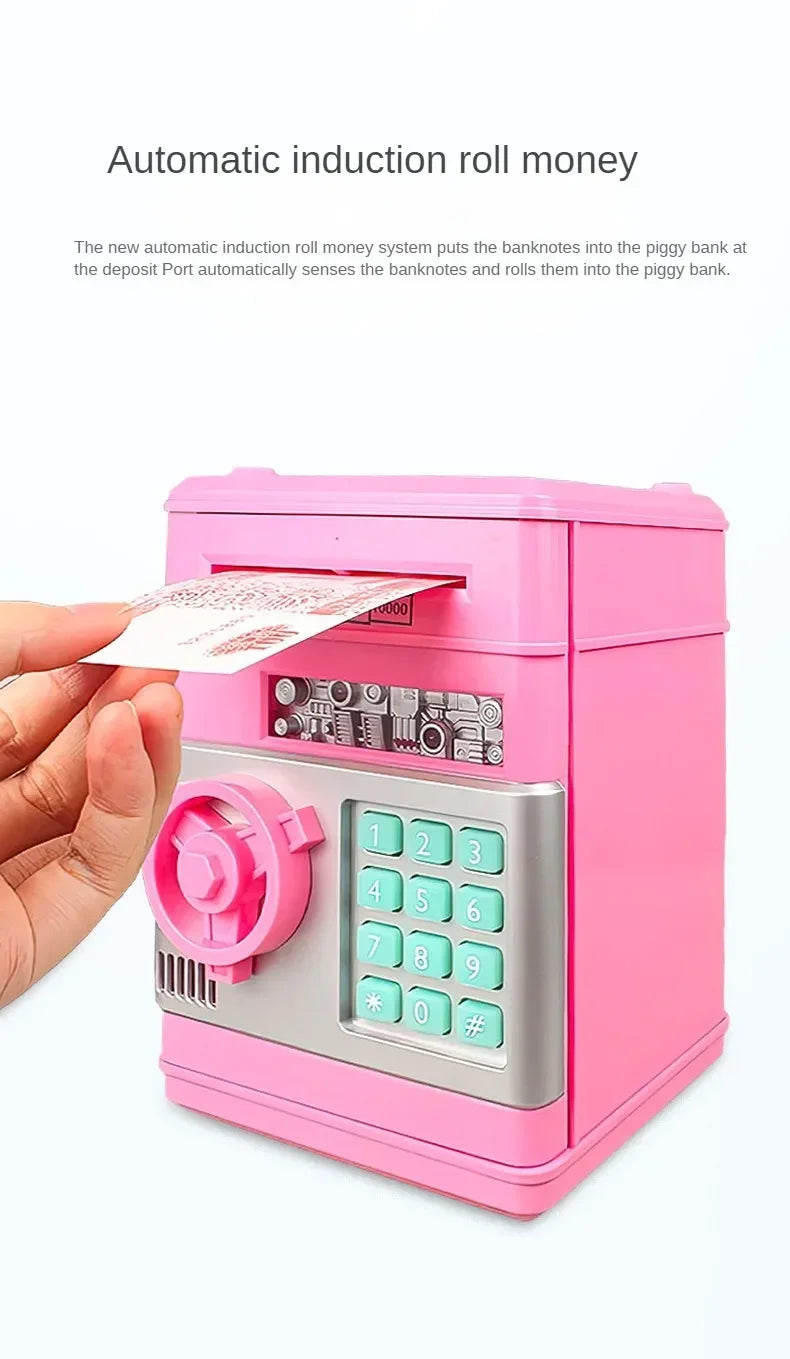 A pink automatic induction roll money system device with a keypad and slot for depositing banknotes.