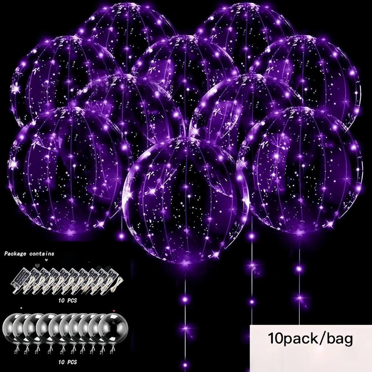 A package of 10 illuminated purple LED balloon spheres for party decor