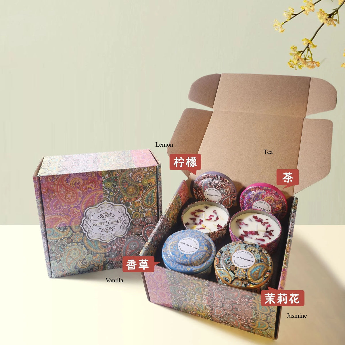 A gift set of soy wax aromatherapy candles in various scents including Lemon, Tea, Vanilla, and Jasmine packaged in cardboard