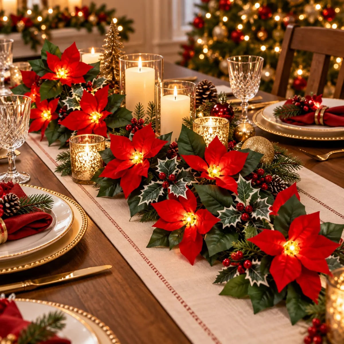 A festive display of red poinsettia garlands with warm white lights decorating a Christmas mantel or stair.