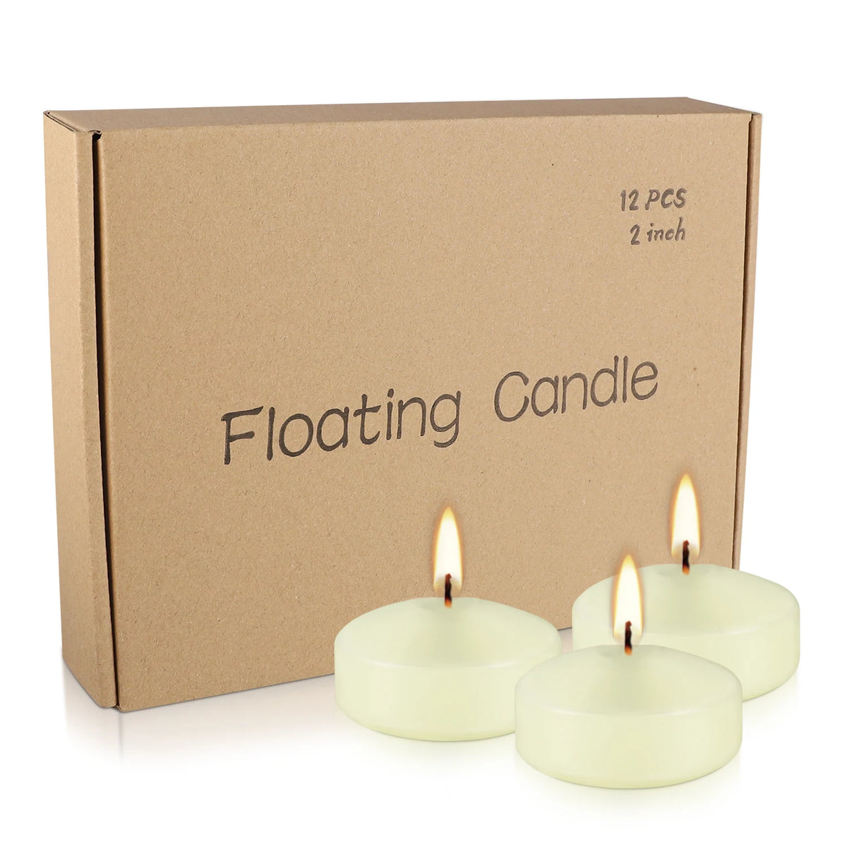 A cardboard box containing a set of twelve ivory soy wax floating candles.