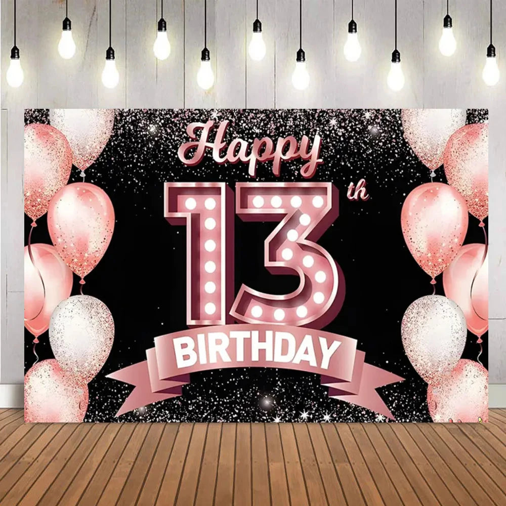 A black backdrop with pink and white balloons and the text Happy 13th Birthday in glitter font