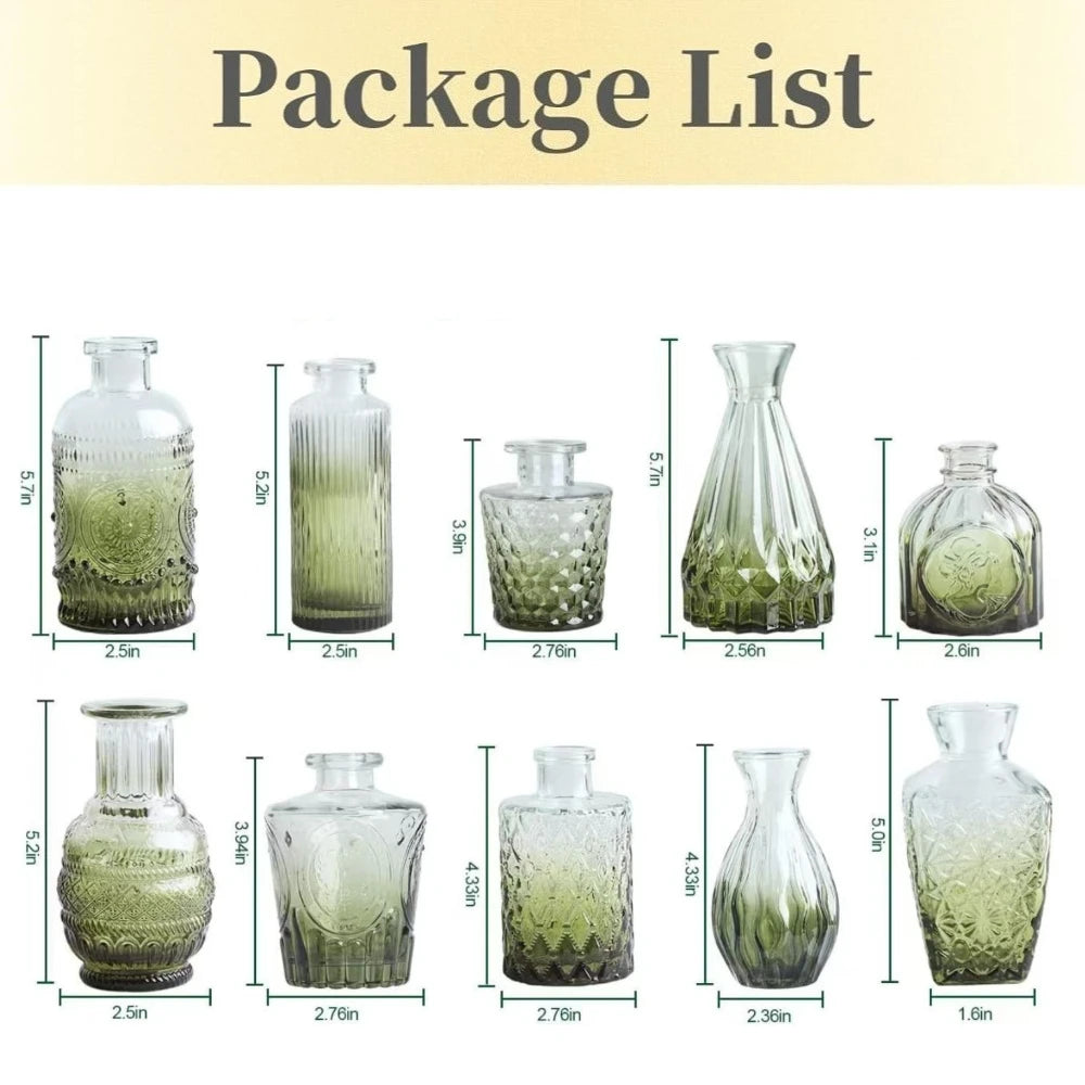 A collection of diamond faceted glass bud vases in various shapes and sizes.