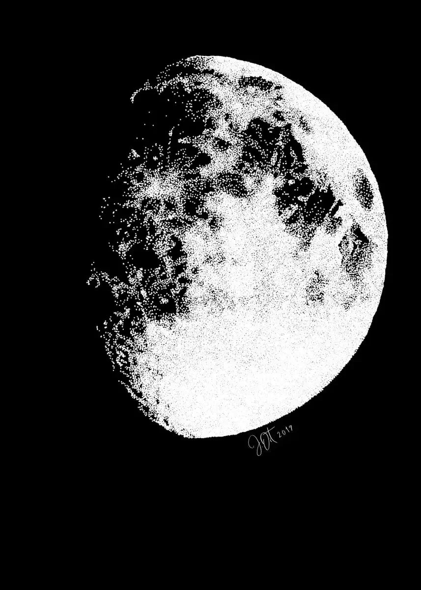 A minimalist black and white print of the moon phase showing craters and texture.