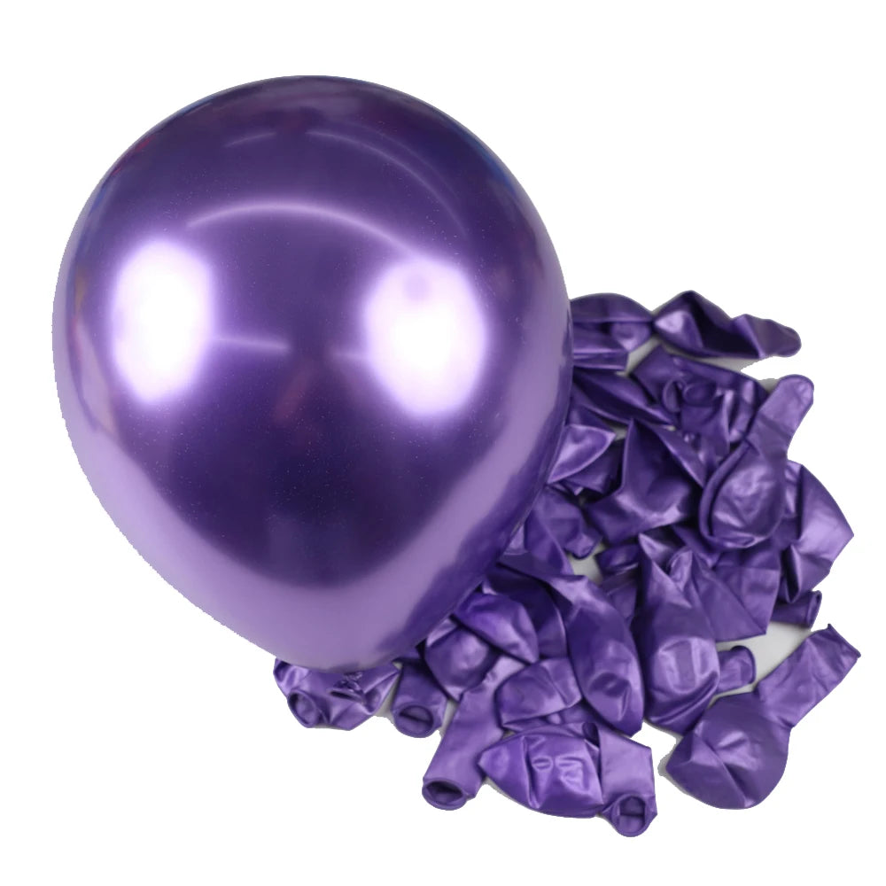 A single purple latex balloon is shown next to a pile of crumpled purple latex balloons for party decor.