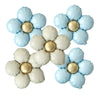 A set of five matte foil flower balloons in light blue and white with gold accents.