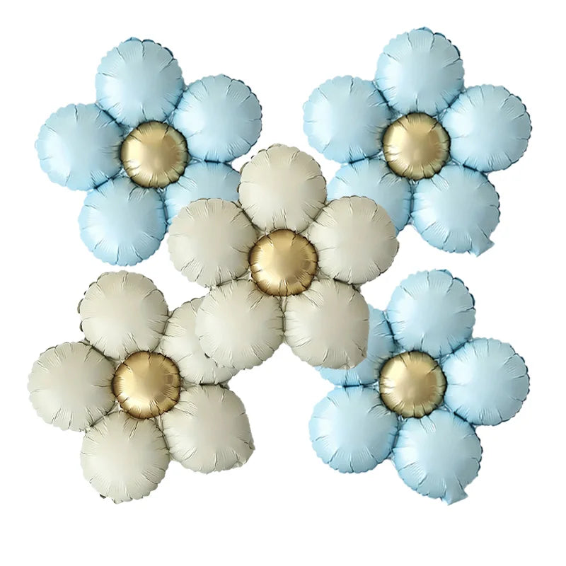 A set of five matte foil flower balloons in light blue and white with gold accents.