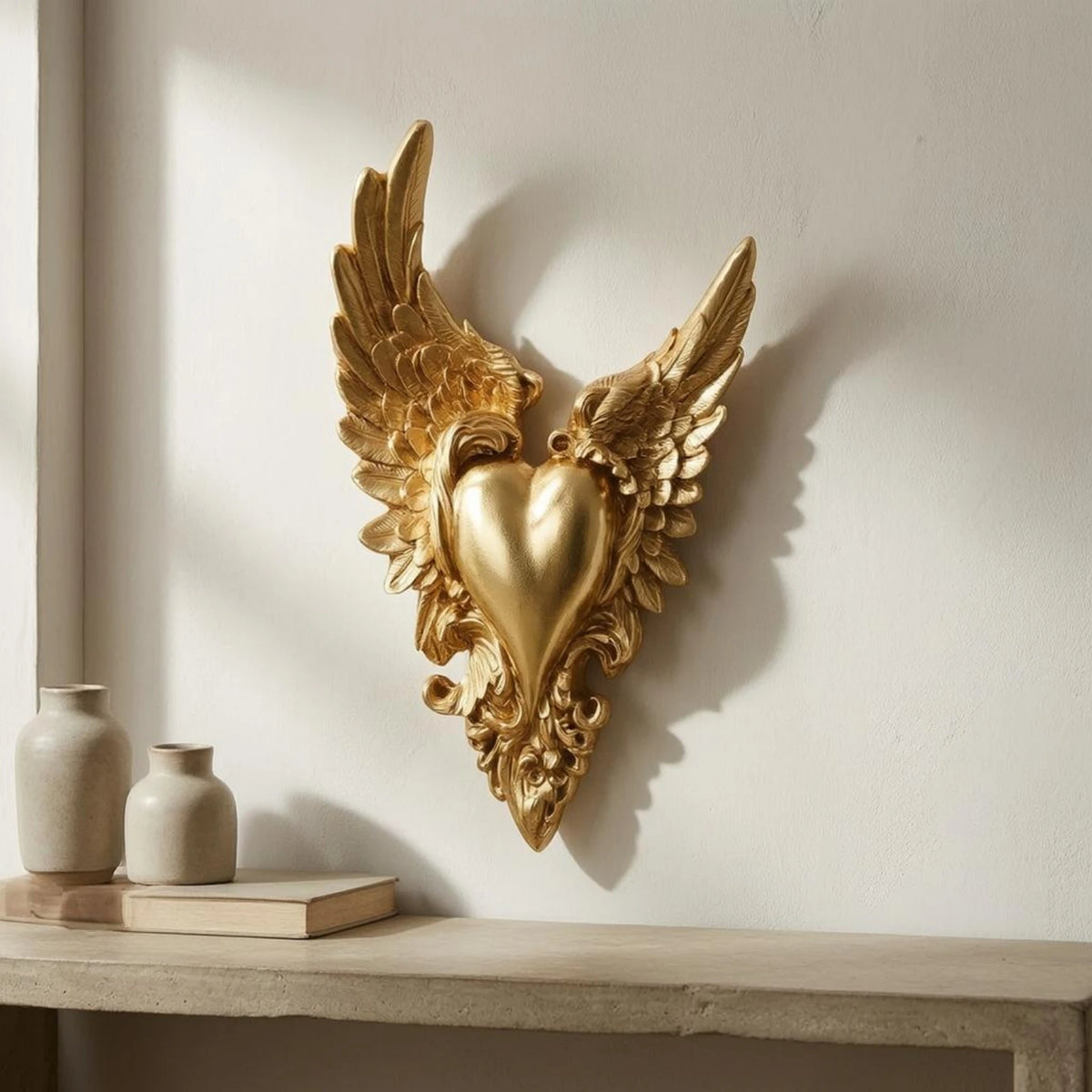 Gold ornate winged heart wall decor mounted on a white wall above a wooden shelf.