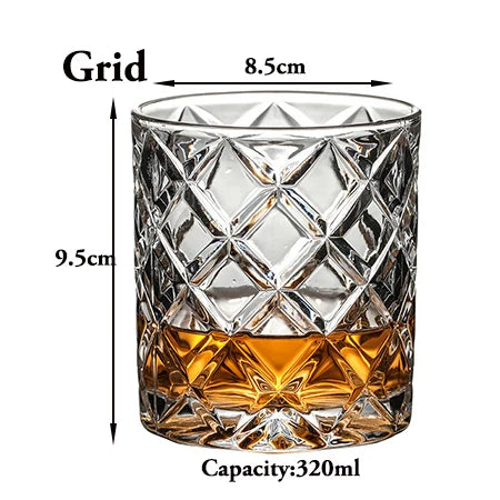 A clear, diamond-cut whiskey glass with a heavy base and a grid pattern, showing its dimensions and 320ml capacity.
