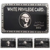 A black white privilege card with a portrait and text, featuring an ornate border.
