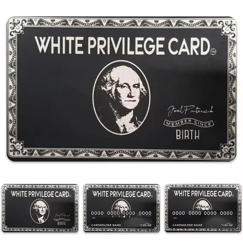 A black white privilege card with a portrait and text, featuring an ornate border.