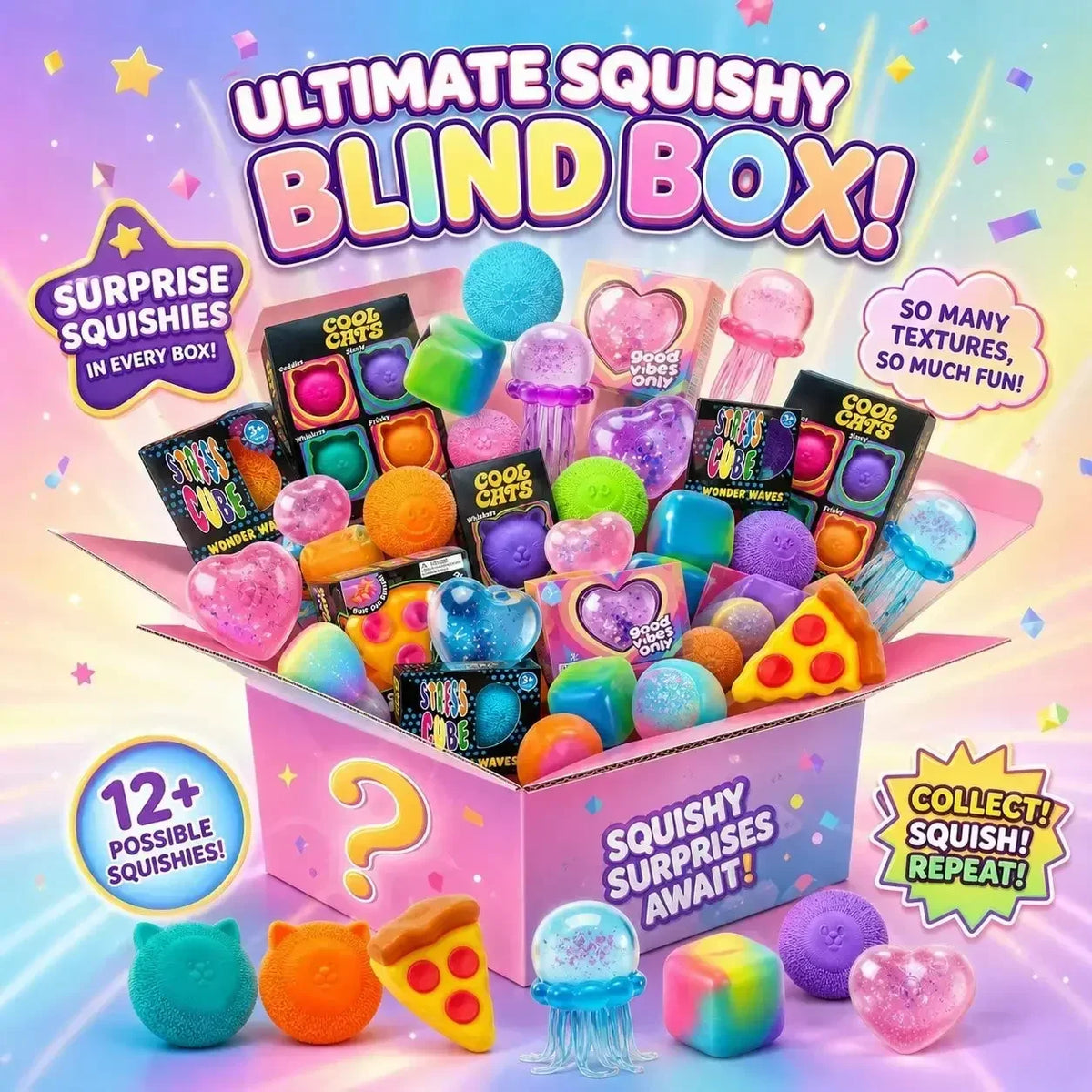 A box of squishy surprises featuring various colorful, soft toys and a question mark graphic.