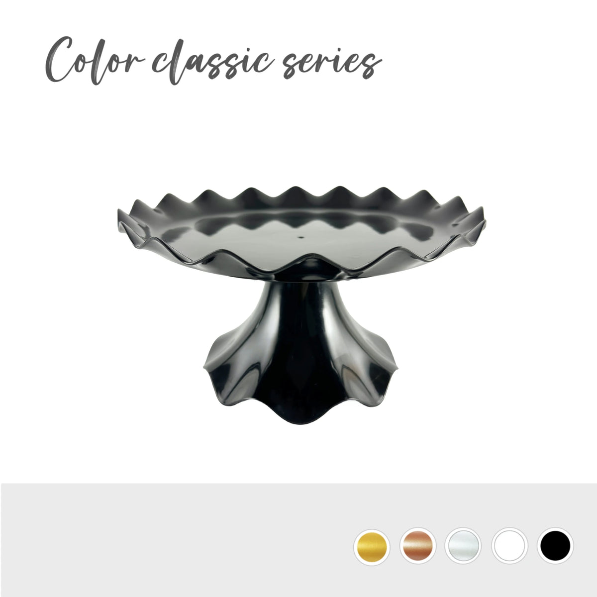 A silver-colored, scalloped plastic cake stand.