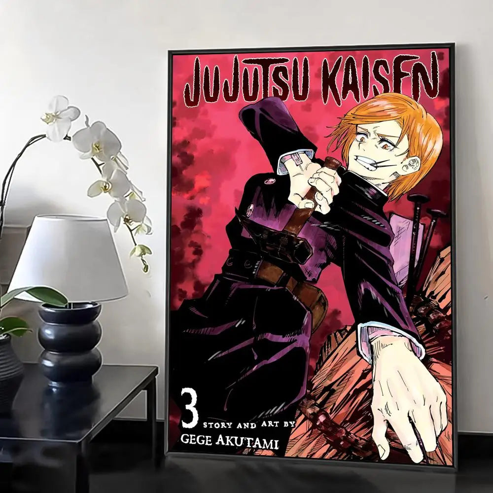 A vertical canvas print featuring an anime style character in dark clothing against a red background.