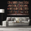 A modern living room featuring a sofa and a dark wooden bookshelf background.
