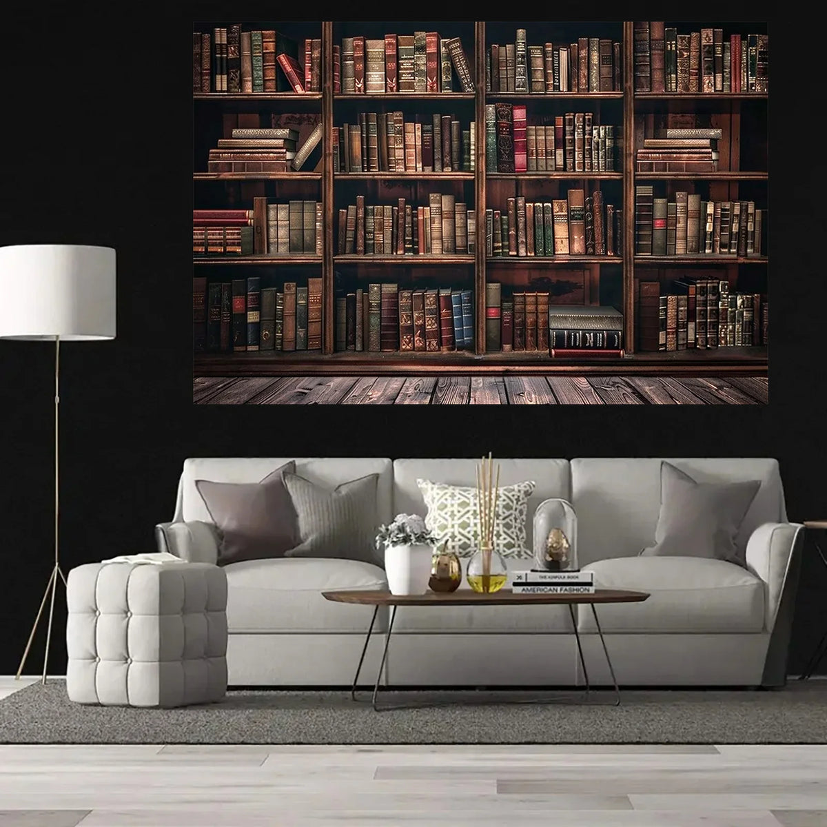 A modern living room featuring a sofa and a dark wooden bookshelf background.