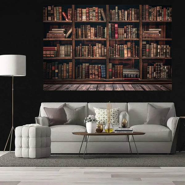 A modern living room featuring a sofa and a dark wooden bookshelf background.