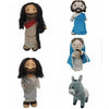 A set of soft religious figurines featuring Jesus, Mary, and a donkey plush doll.