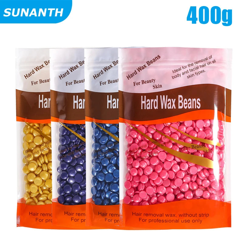 Pack of hard wax beans for body hair removal in various colors like yellow, blue, and pink.