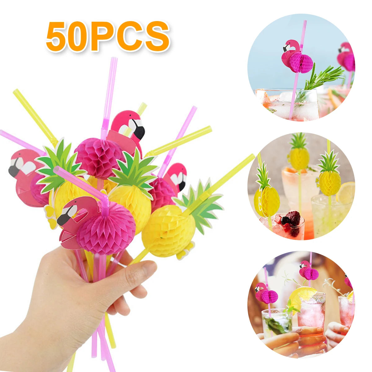 A hand holds a bundle of 50 pink and yellow tropical 3D flamingo and pineapple paper straws.