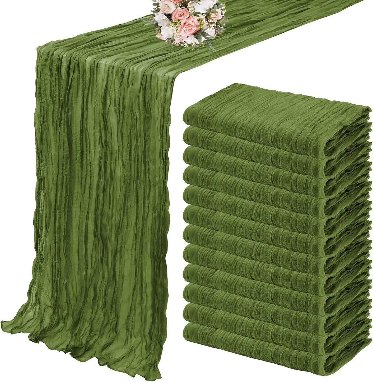 A set of ten terracotta semi-sheer cheesecloth table runners in a moss green color.