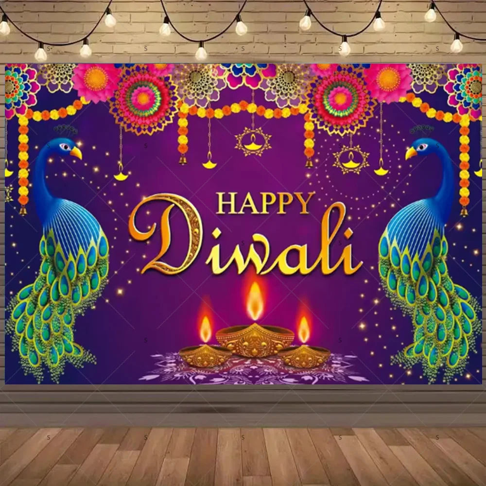 A vibrant purple backdrop for Diwali celebrations featuring peacock motifs and glowing earthen lamps.