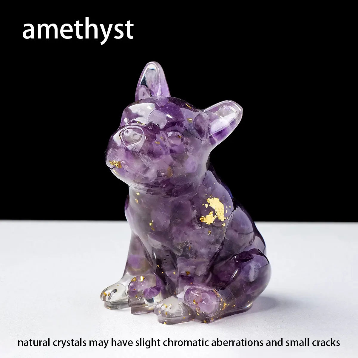 A small, translucent purple crystal dog statue used as a dropper for Feng Shui and decor.