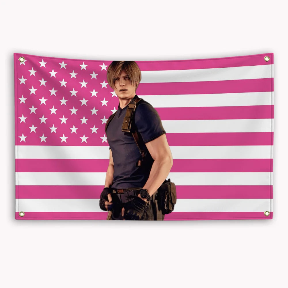 A person wearing a dark shirt stands in front of a pink and white striped American flag banner.