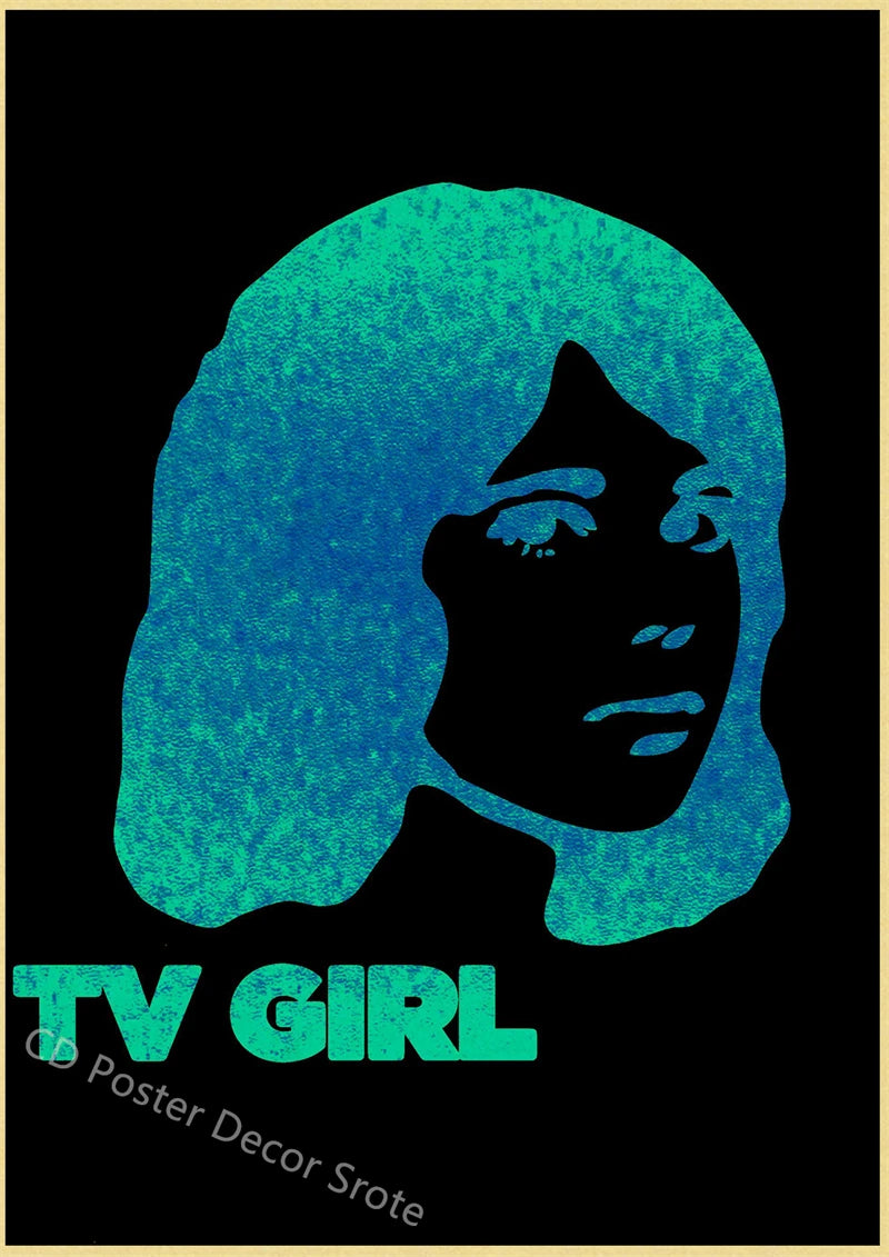 A teal silhouette of a woman's face with shoulder-length hair against a black background, featuring the text TV GIRL and a cr