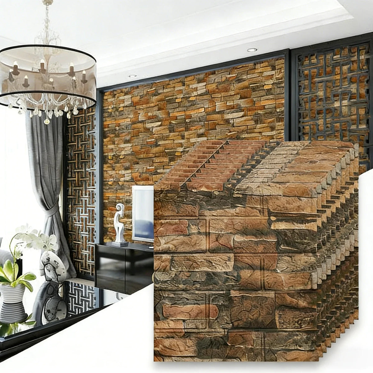 A close-up view of stacked 3D foam brick wallpaper panels in earthy brown and gray tones.