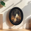 Oval wooden wall art depicting a white ghost riding a bicycle through a dark forest scene.