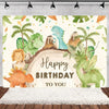 A watercolor illustration of various cartoon dinosaurs in a lush green and yellow woodland theme for a birthday party backdro