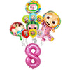A set of colorful cartoon Cocomelon watermelon foil balloons featuring characters and fruit designs.