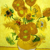 A vibrant painting featuring yellow and golden sunflowers on a bright yellow background.