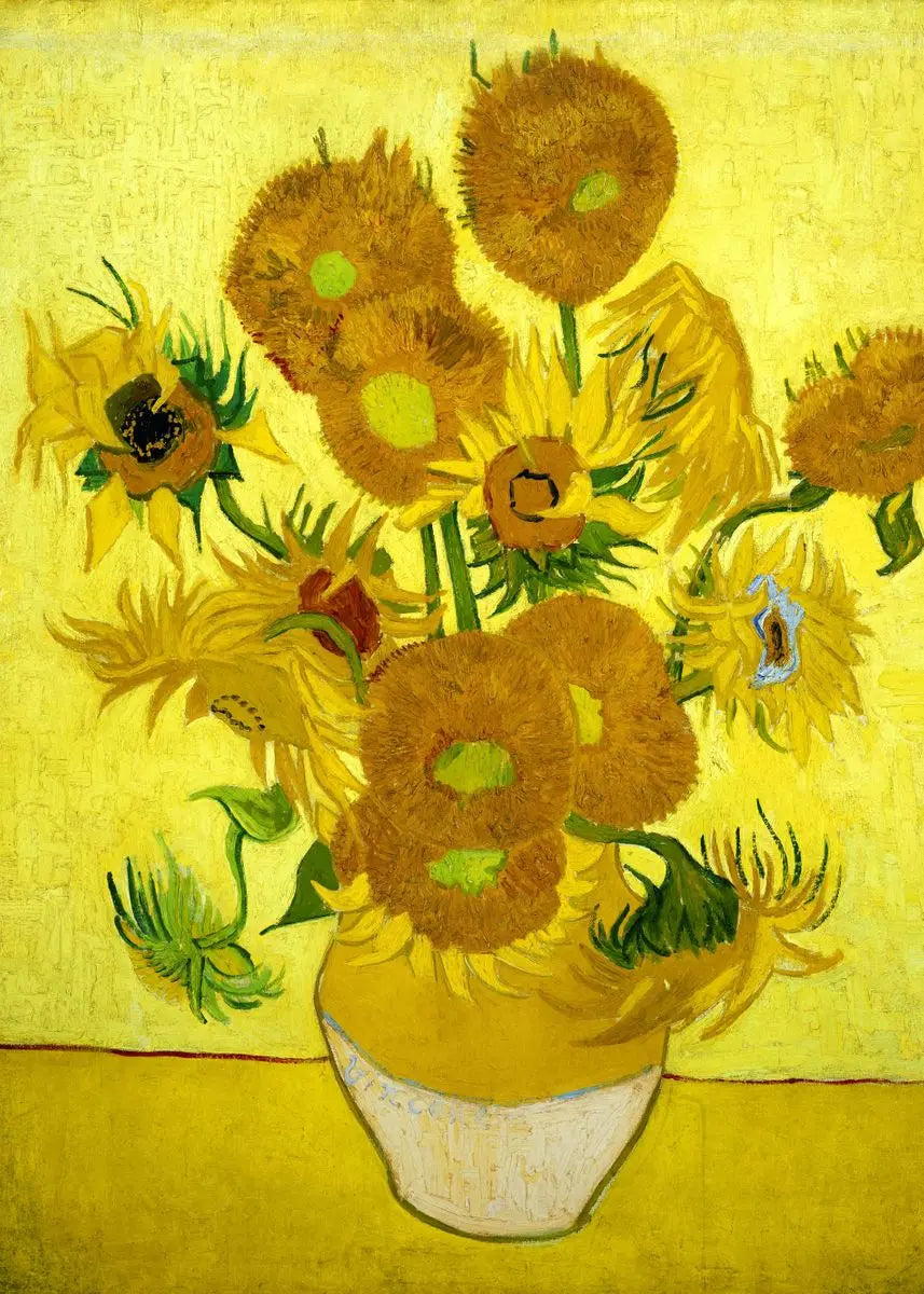A vibrant painting featuring yellow and golden sunflowers on a bright yellow background.