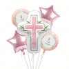 A set of pink and silver foil balloons featuring cross and dove motifs for communion or baptism