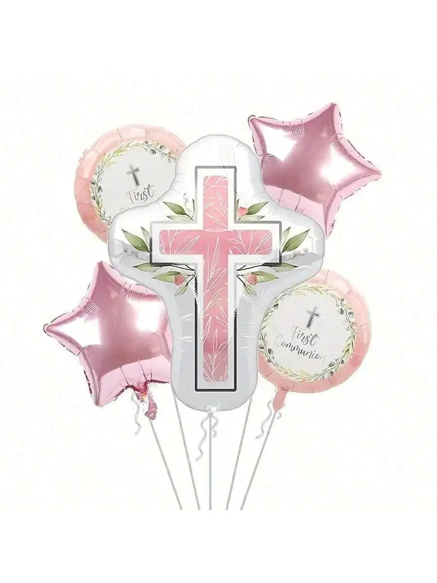 A set of pink and silver foil balloons featuring cross and dove motifs for communion or baptism