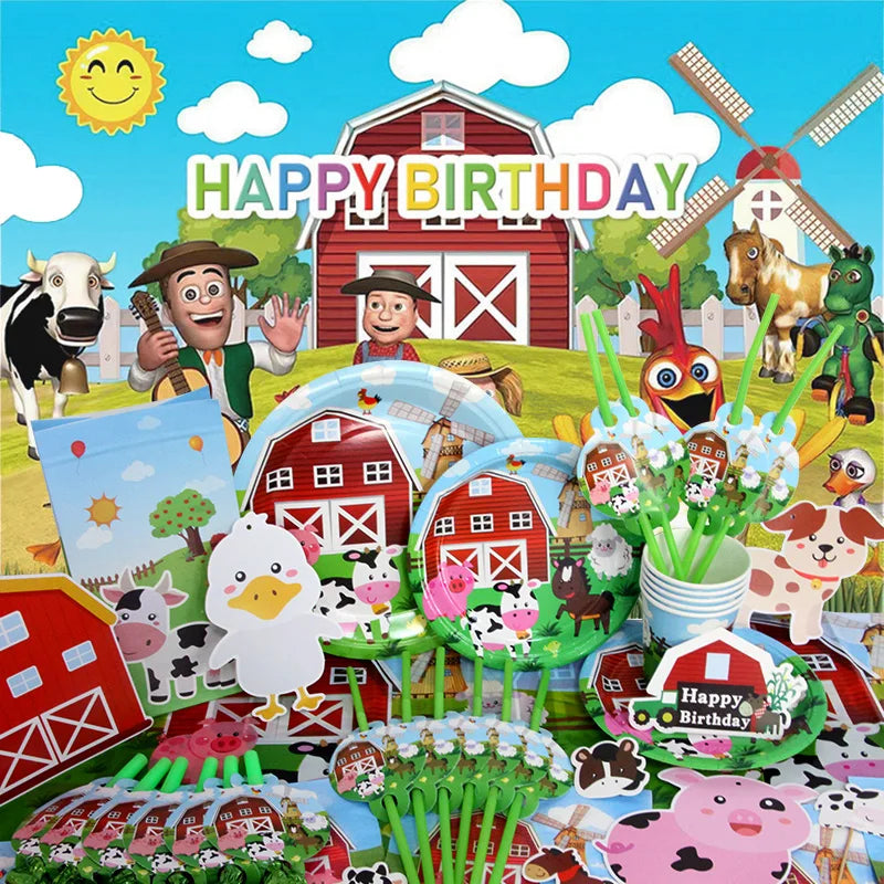 A colorful farm ranch birthday party decoration kit featuring a wooden barn backdrop, tableware, and balloons.
