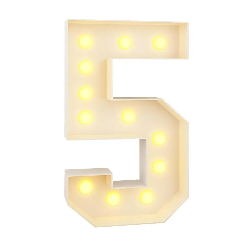 A glowing light-up number five sign with individual LED lights for party decorations.