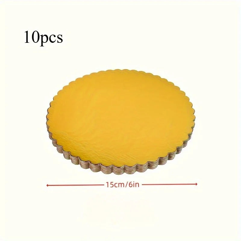 A round yellow disposable cake plate with a scalloped edge, shown flat.