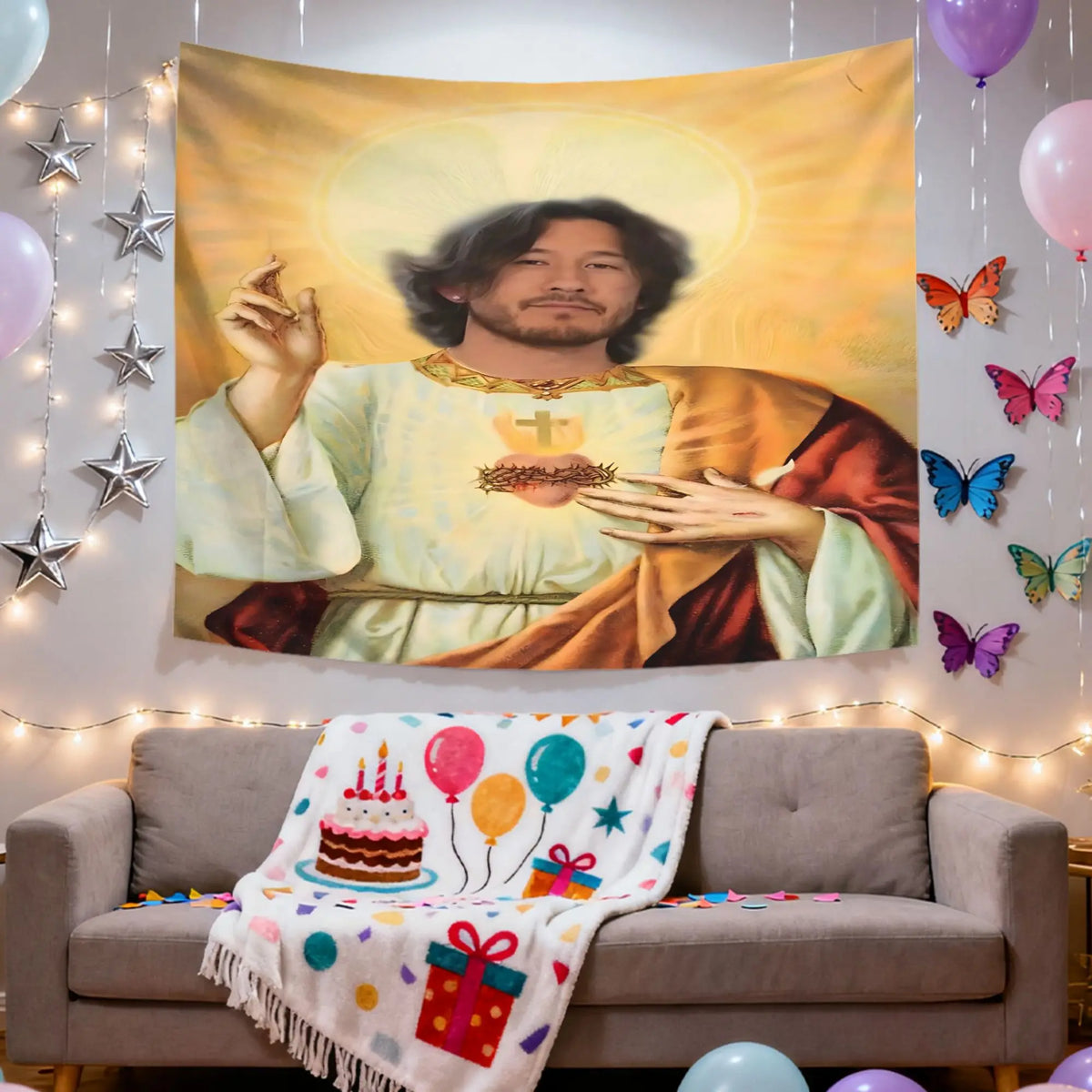 A tapestry wall hanging featuring a depiction of Jesus with a halo and golden light.
