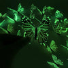 A hand is holding a luminous green butterfly wall sticker against a dark background.
