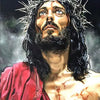 A painting depicting Jesus Christ with a crown of thorns and a beard, wearing a red garment.