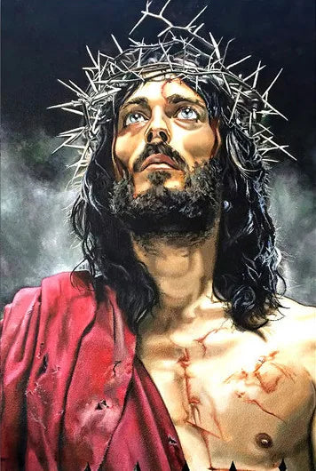 A painting depicting Jesus Christ with a crown of thorns and a beard, wearing a red garment.