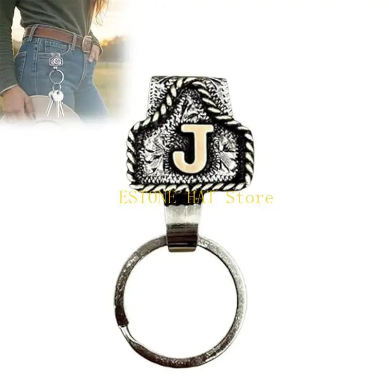 Silver metal belt keychain featuring a textured design with a large letter J