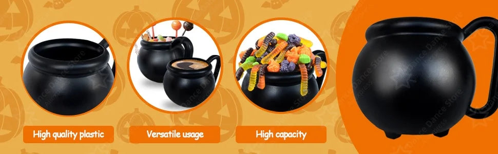 Black ceramic witch cauldron mugs filled with Halloween treats and candies